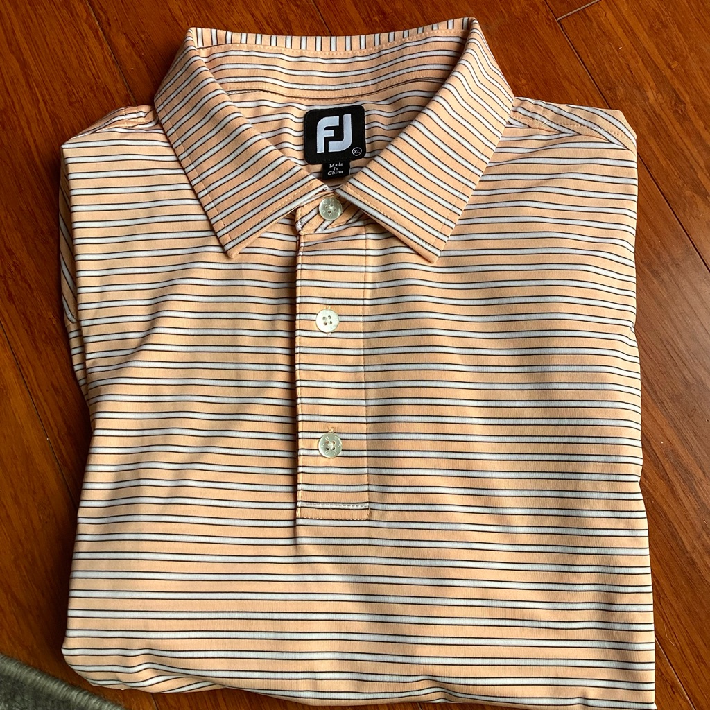 Footjoy Men’s Polo Golf Shirt, Stretch Lisle Pinstripe Peach/Charcoal Size Xl